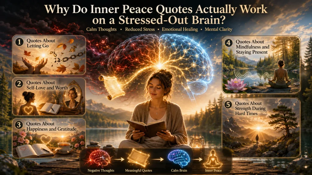 Inner peace quotes infographic showing brain calming from stress with woman reading