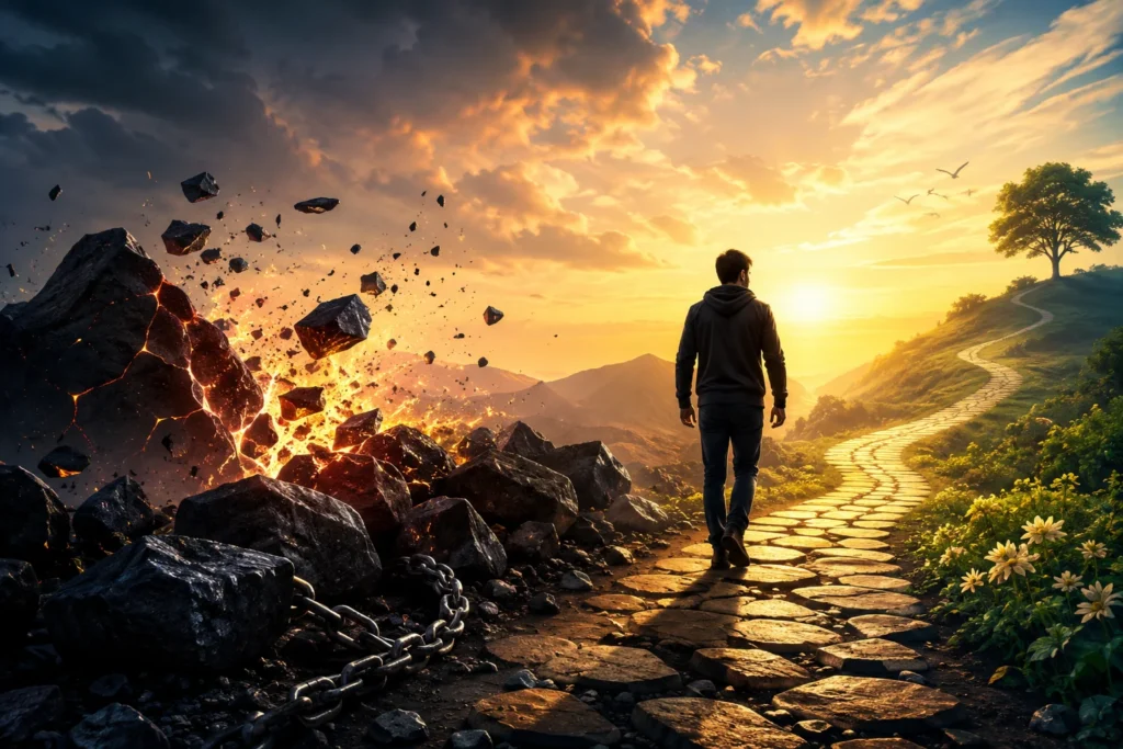 man walking path breaking free from stones