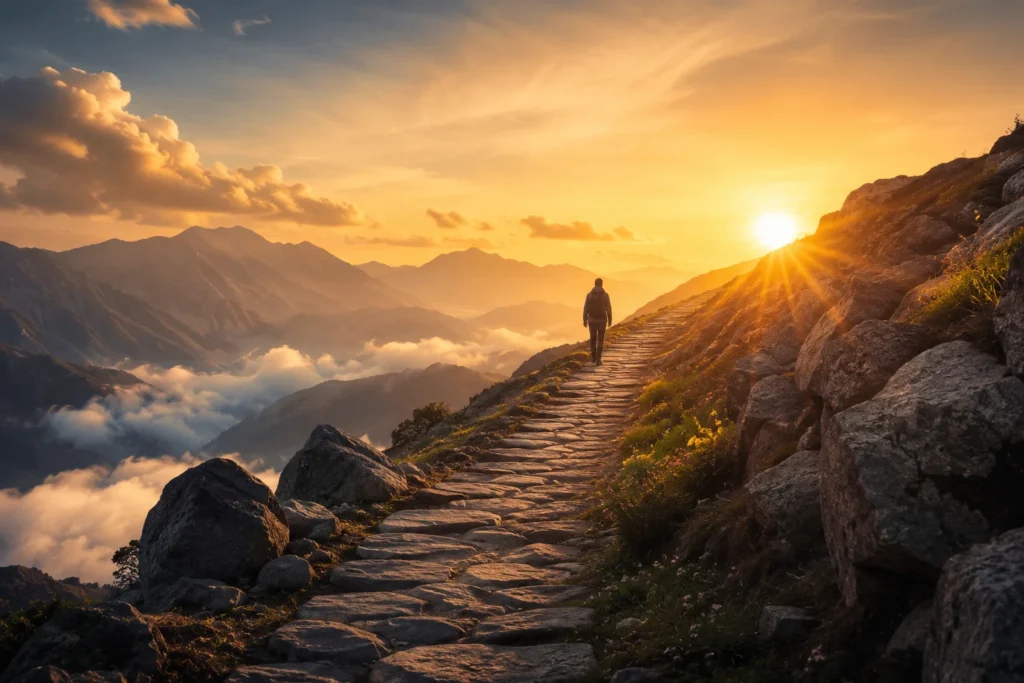 man walking rocky mountain path sunrise