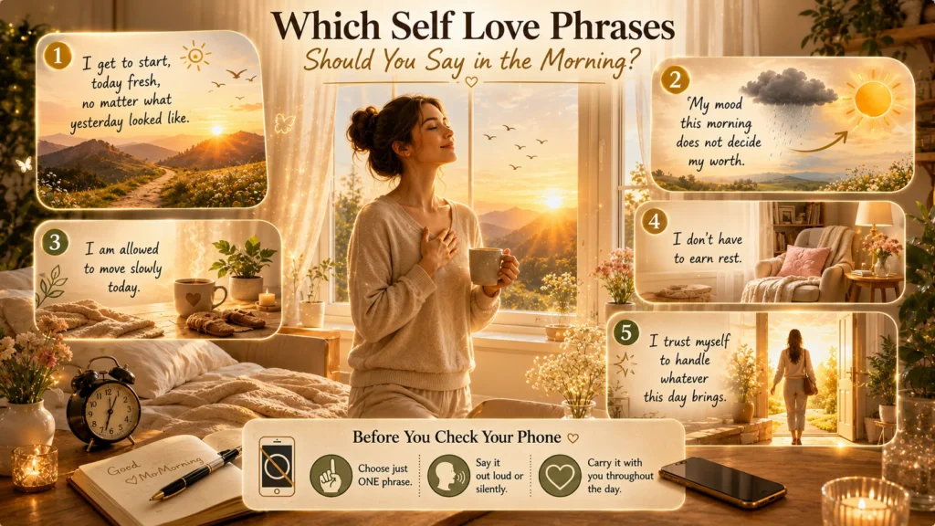 woman peacefully saying self love phrases in the morning by a sunlit bedroom window
