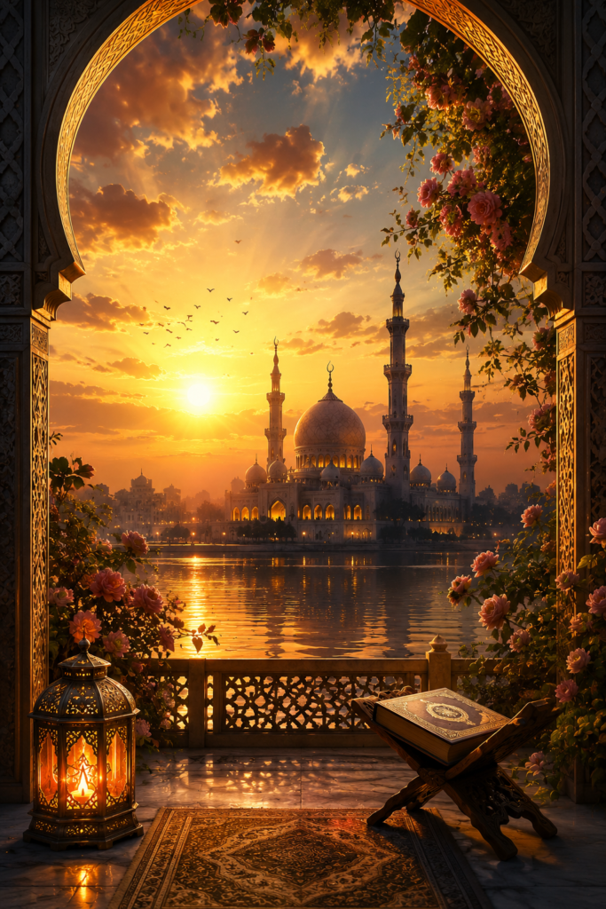 mosque sunset arch view with quran lantern and roses islamic aesthetic photo.webp