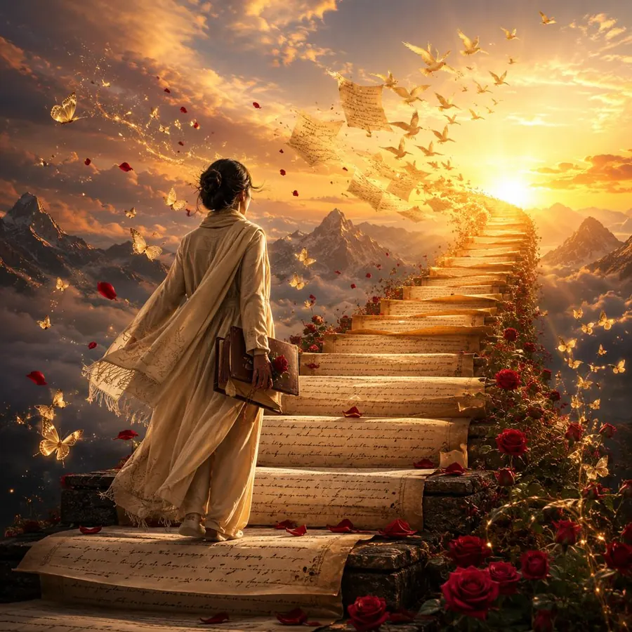 Woman climbing a staircase of poems into a golden sky