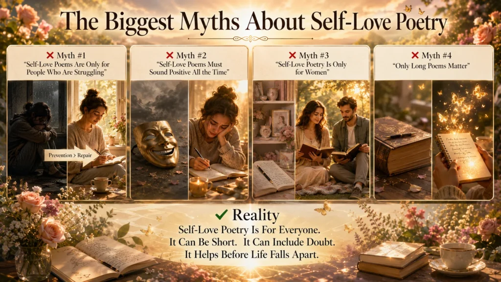 Infographic busting four common myths about self-love poetry with the real truth below