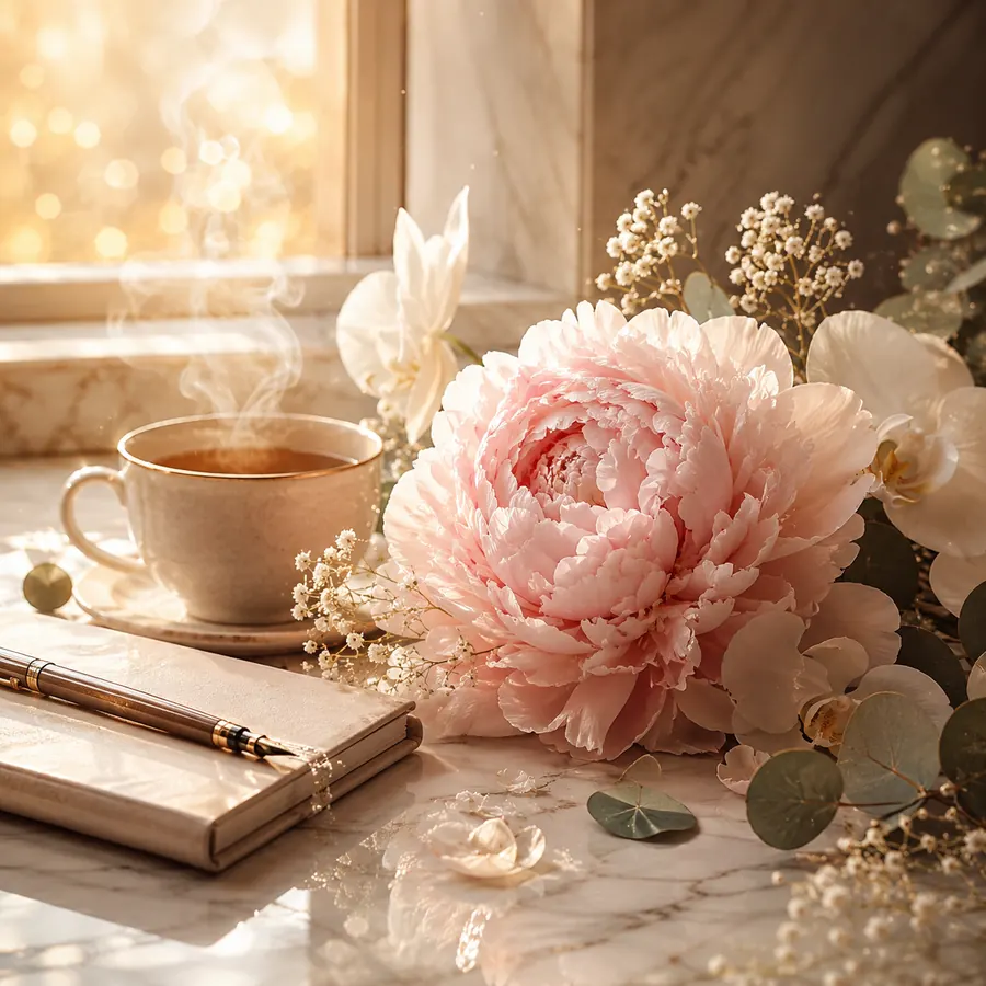 Pink peony and tea on a marble table