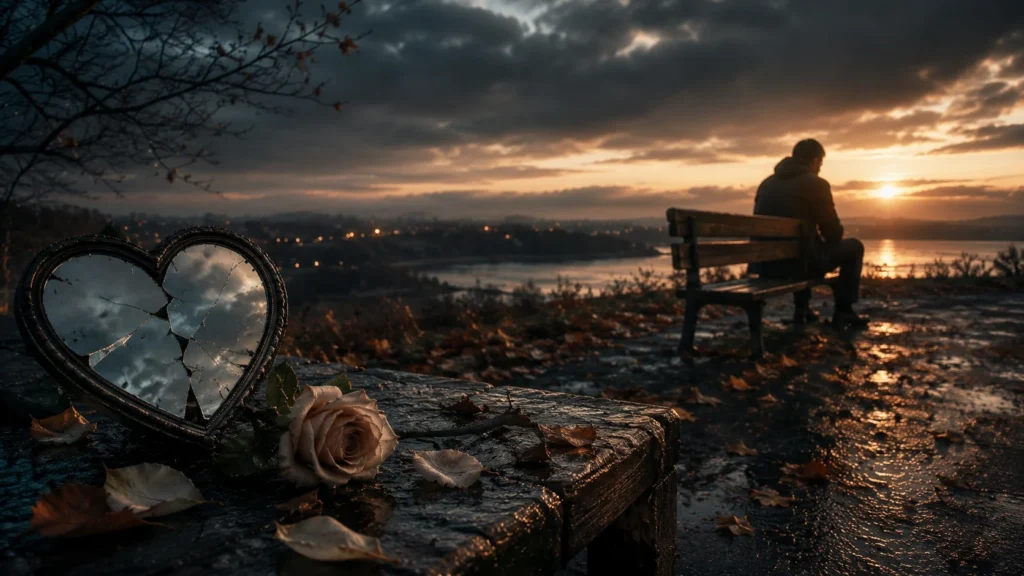 poem about broken trust shown as a cracked heart mirror and rose on a bench