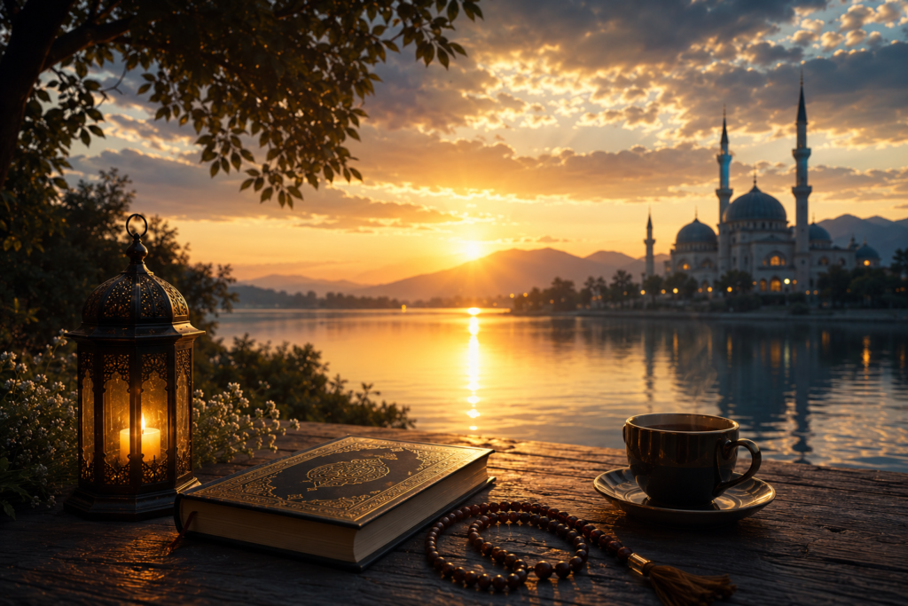 quran lantern and tea by lakeside mosque view during sunse