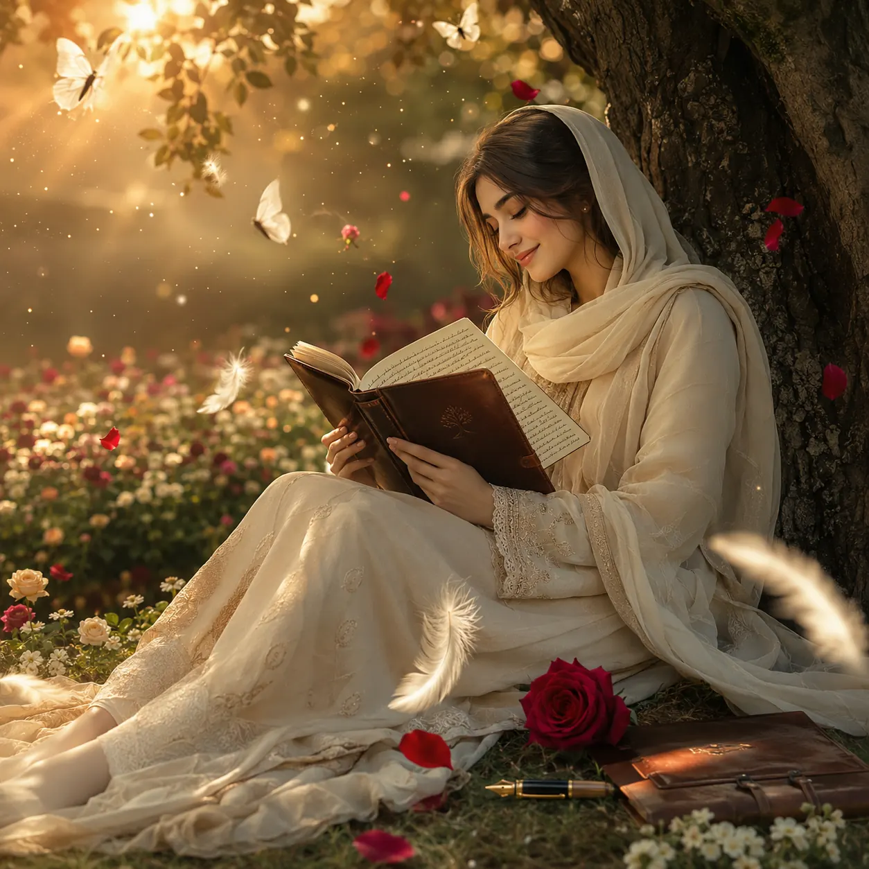 Woman reading poetry under a tree