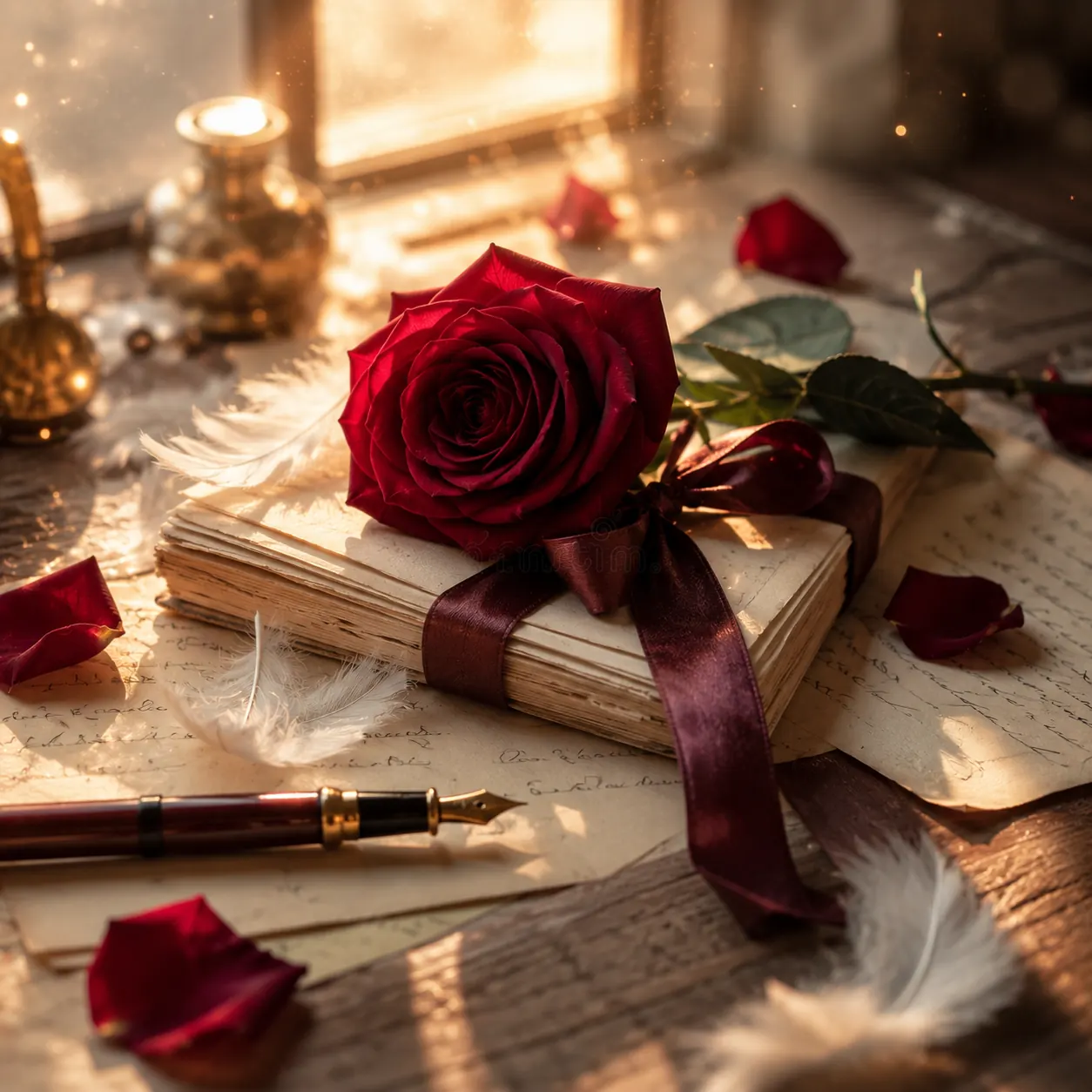 A rose tied to an old diary with ribbon