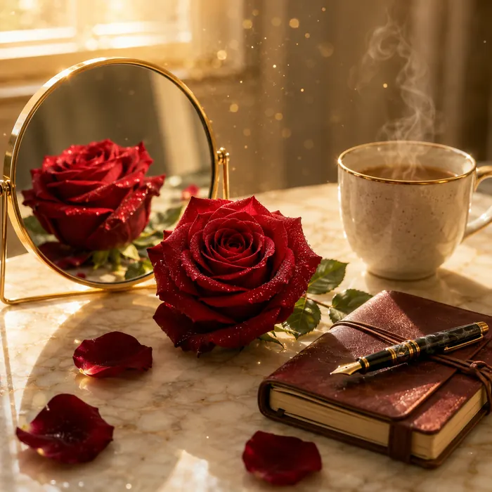 A red rose reflected in a mirror beside coffee