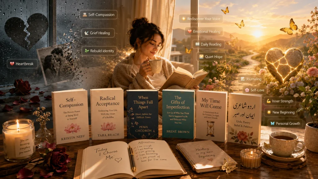 Woman reading self-love book with collection of self-help books on table