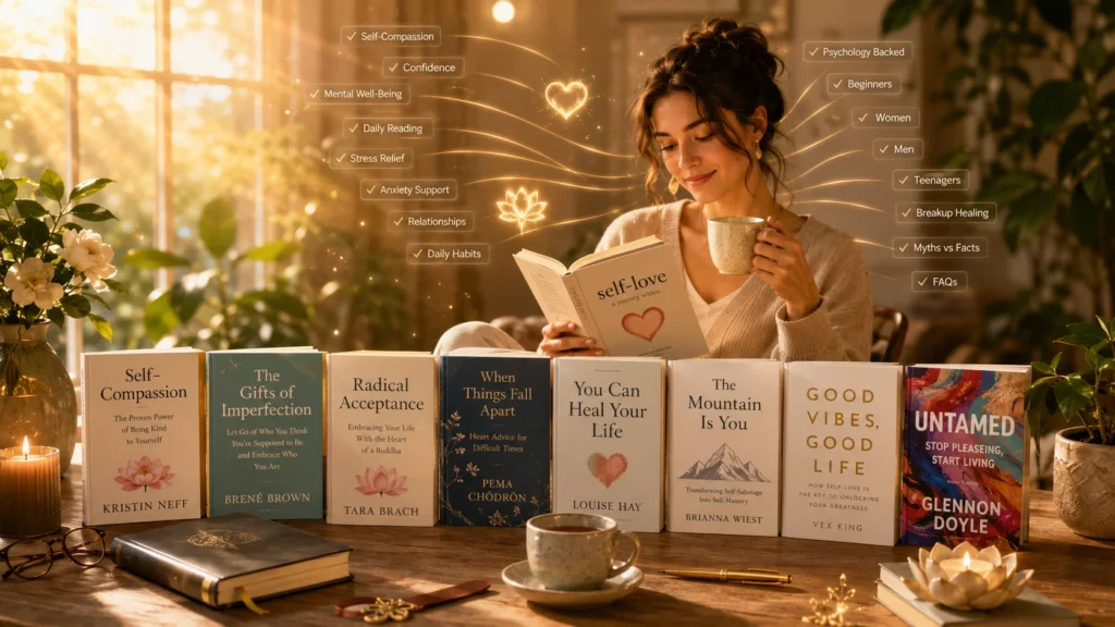 Woman reading self-love books during heartbreak healing journey by window