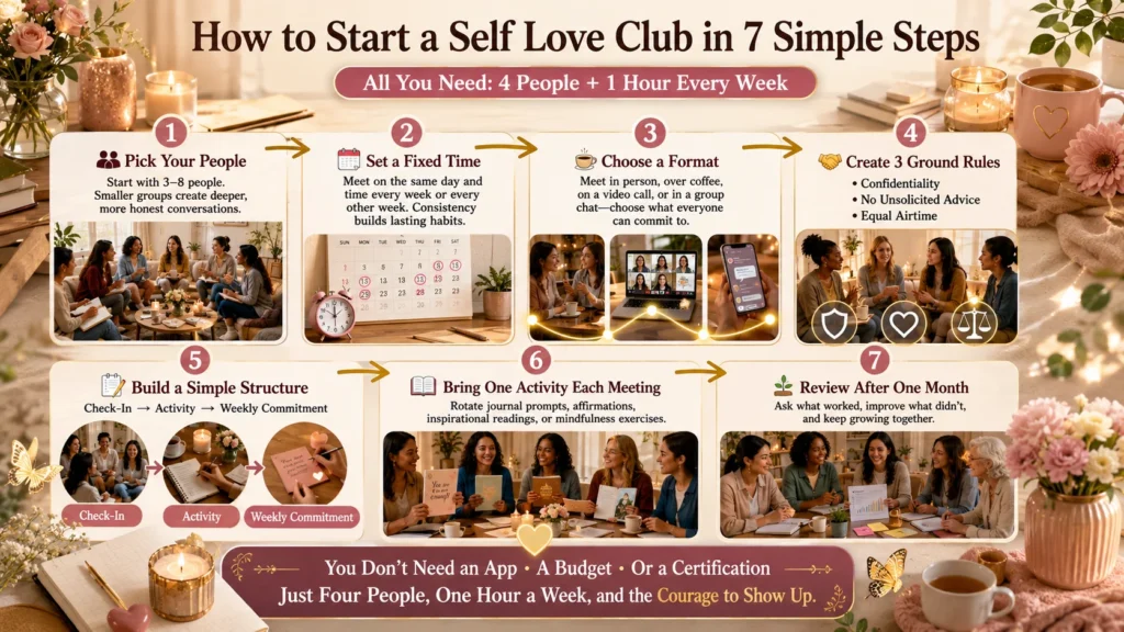 How to start a self love club in seven simple steps, weekly meeting guide infographic