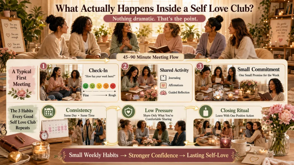Self love club meeting infographic showing check-in, shared activity, and small weekly commitment steps
