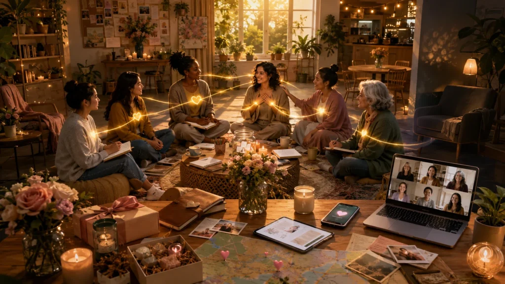 Women sitting in a circle at a cozy self love club gathering, connected by glowing hearts