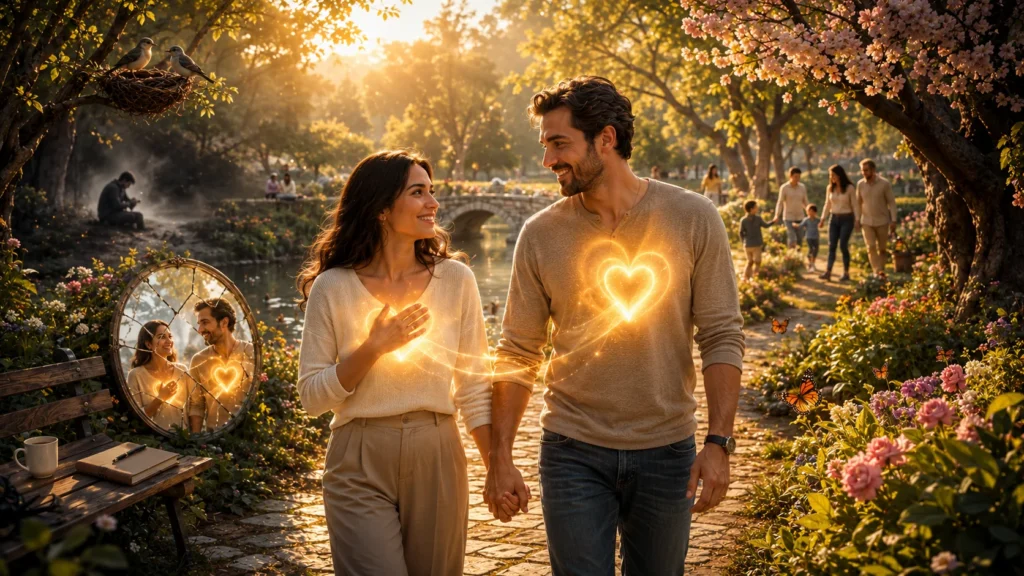 couple holding hands with glowing self-love hearts walking through sunlit garden path