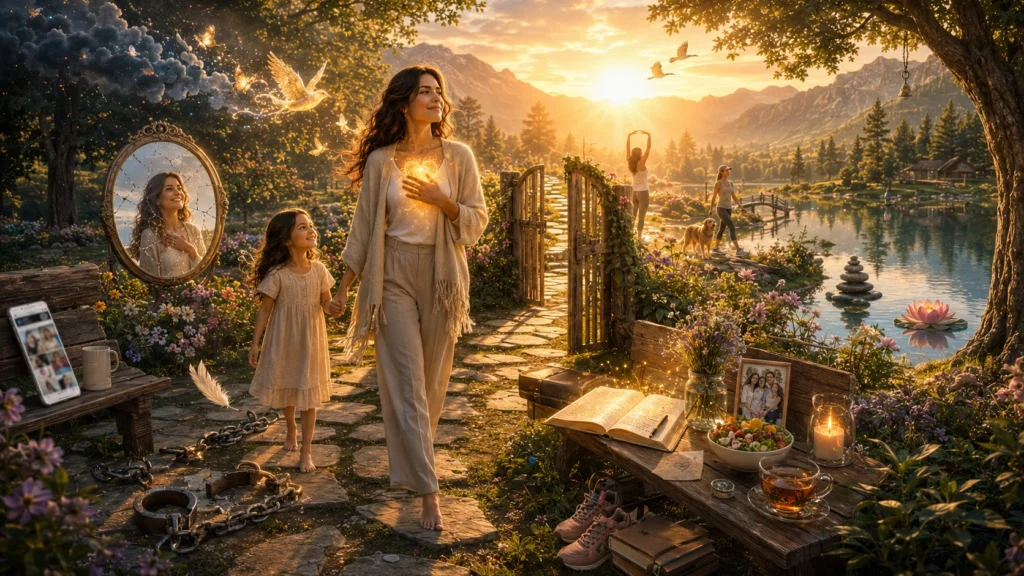 elf-love healing journey mother and daughter walking together through peaceful garden path