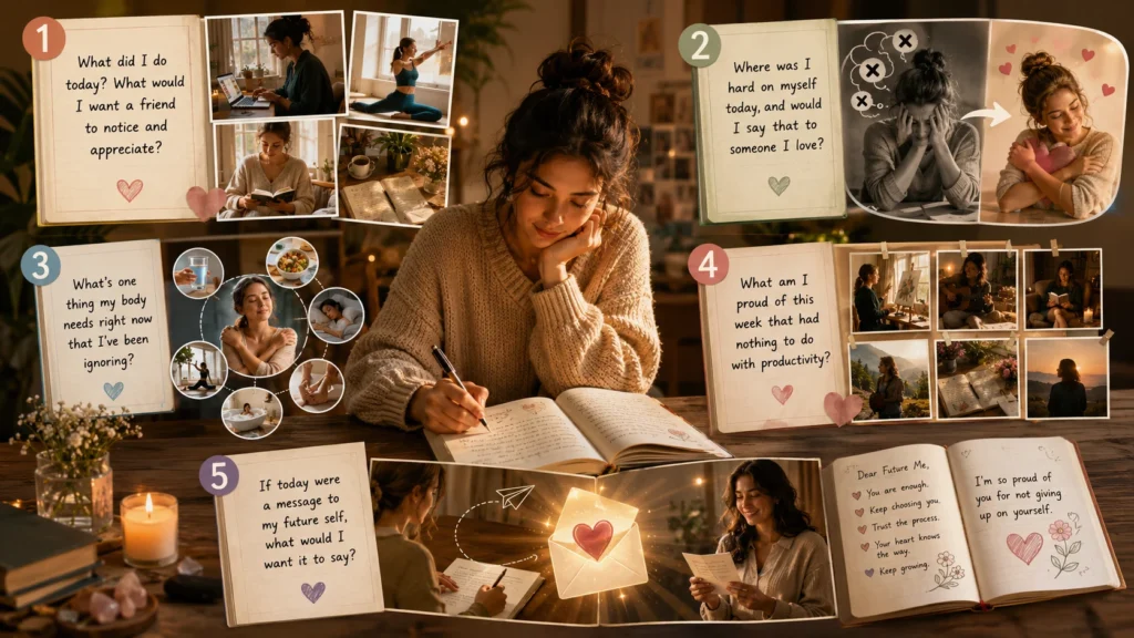 Woman answering self-love journal prompts with five reflective daily growth questions