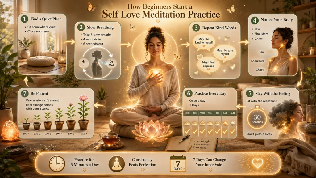 Beginner self love meditation practice guide with seven steps for breathing and affirmations