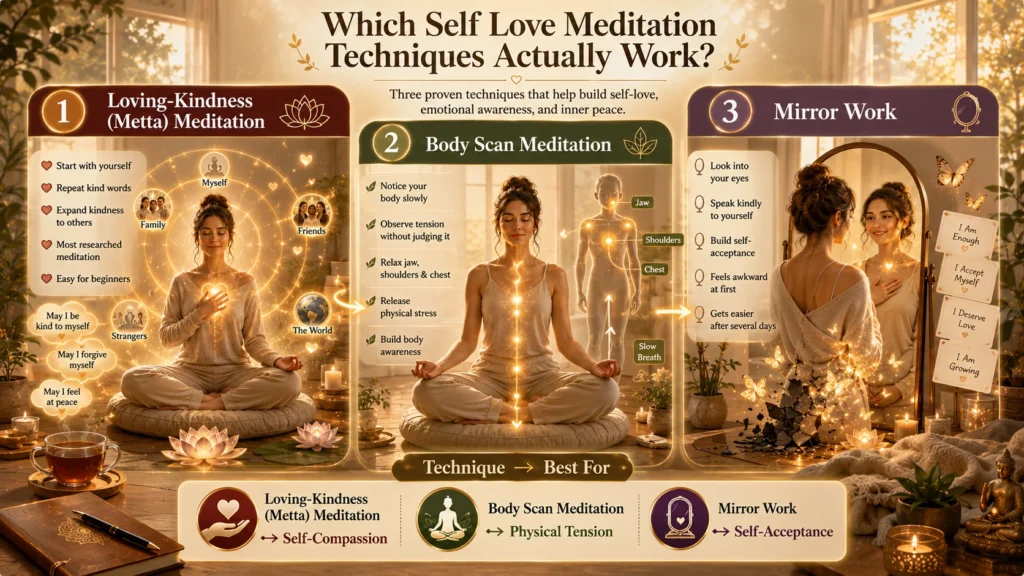 Woman practicing self love meditation with loving-kindness, body scan, and mirror work techniques