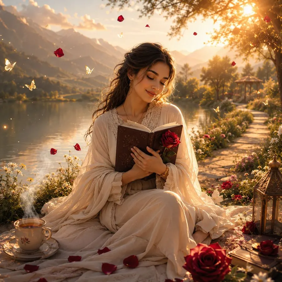 Woman reading by a lake surrounded by roses