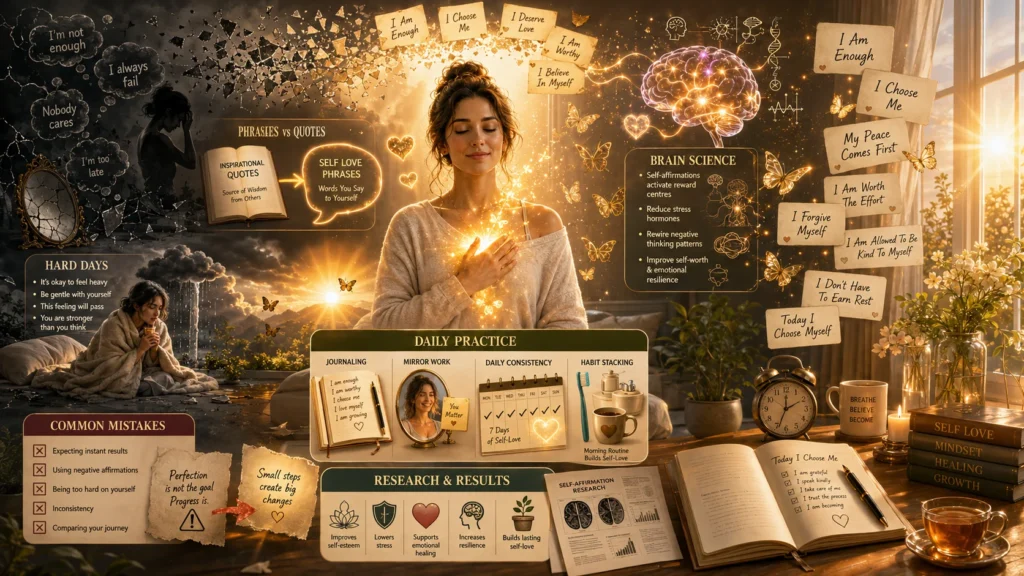 guide explaining self love phrases with brain science and daily journaling practice