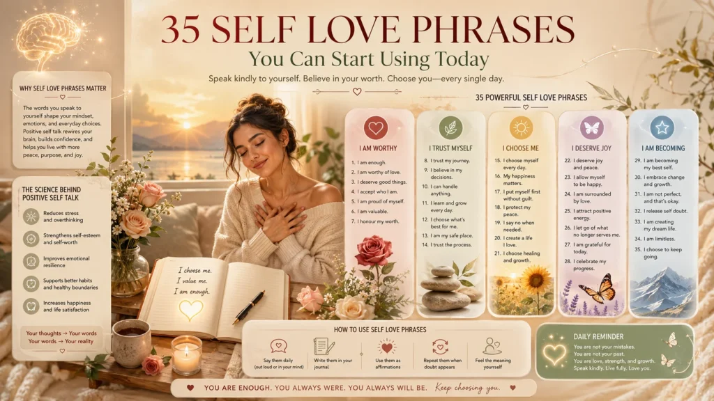 infographic showing 35 self love phrases to boost daily confidence and inner peace