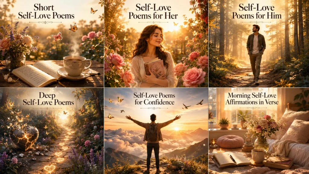 Collage of self-love poems for her, him, confidence, and deep morning affirmations