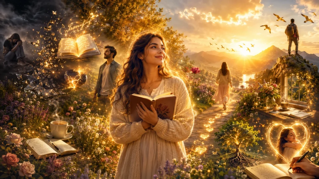 Woman reading self-love poetry journal along a glowing garden path at golden sunset