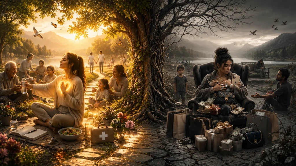self-love versus materialism split scene woman meditating beside luxury shopper
