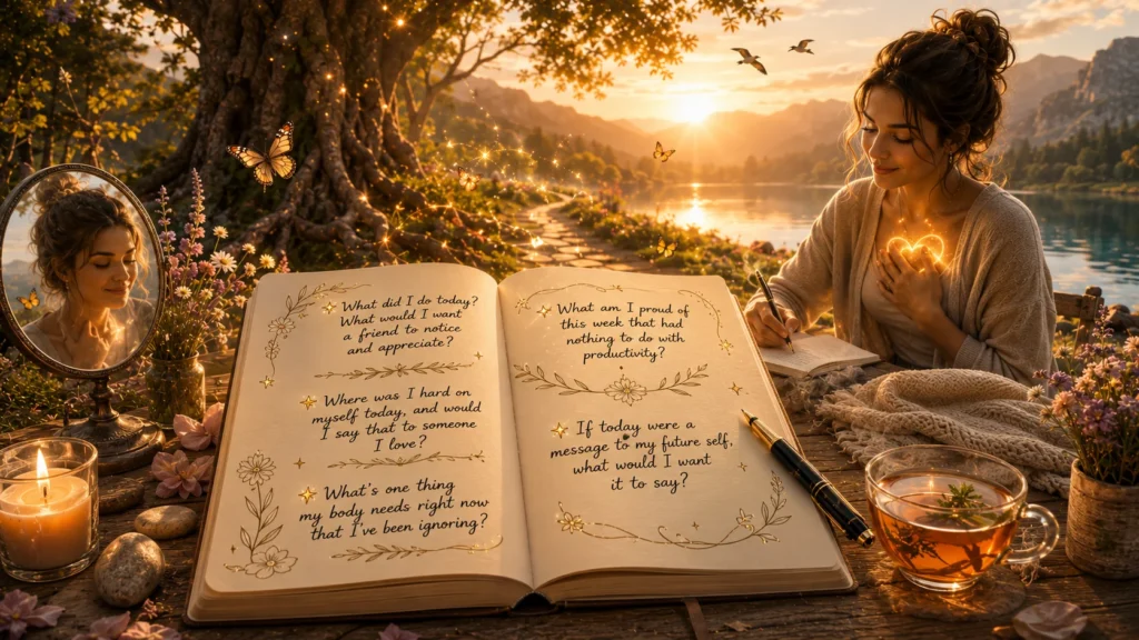 open journal with self-reflection prompts beside lake at golden hour sunset