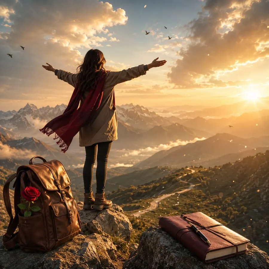 Woman standing on a mountain peak at sunrise with a backpack