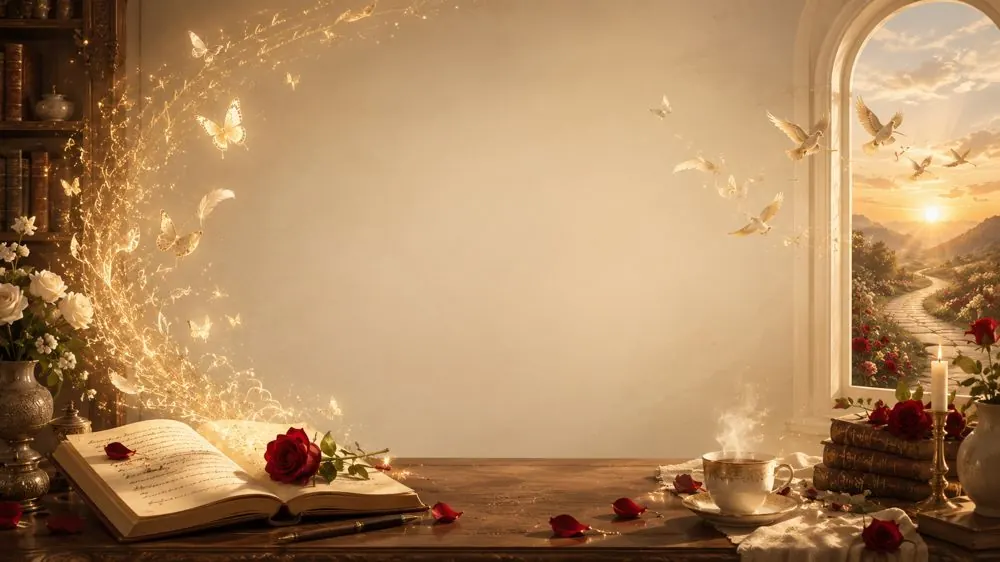 A glowing archway with an open book, roses and doves