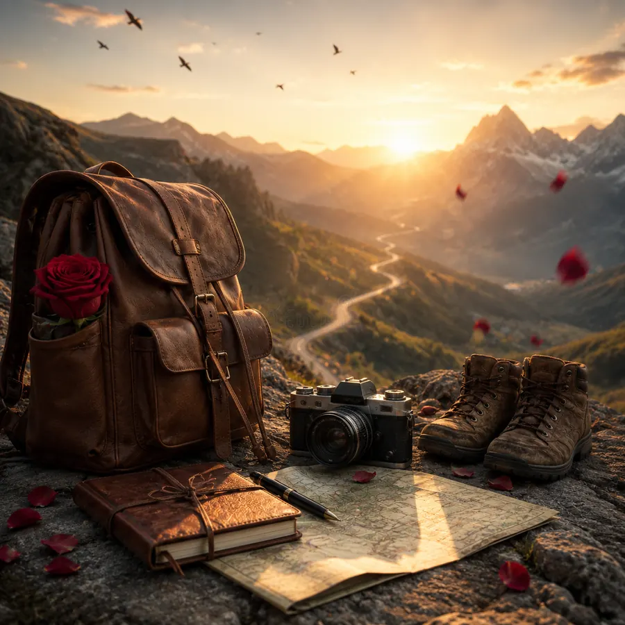 Travel backpack, camera and map on a mountain rock