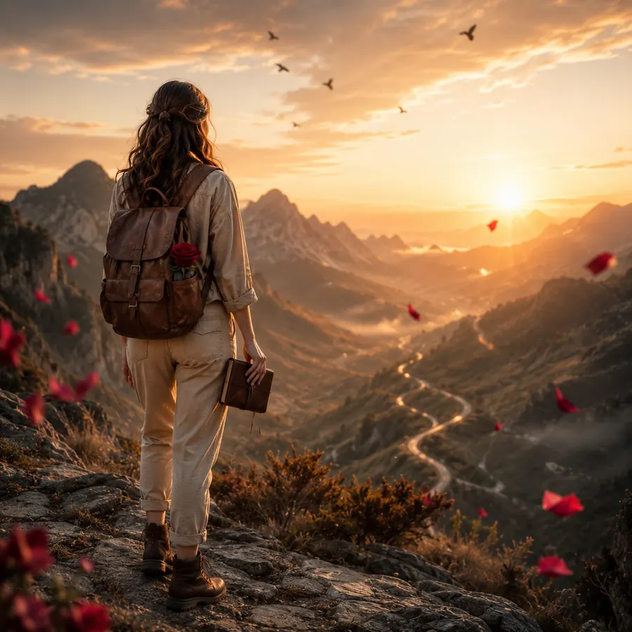 Traveller looking out over a mountain valley at sunrise