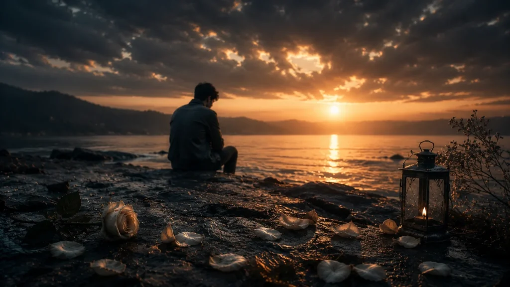Alt Text: urdu poem about broken trust with a lonely man sitting by a lake at sunset