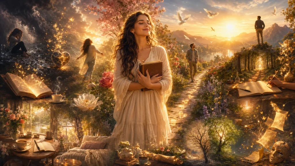 Woman embracing self-love poetry journey from heartbreak to golden sunrise healing