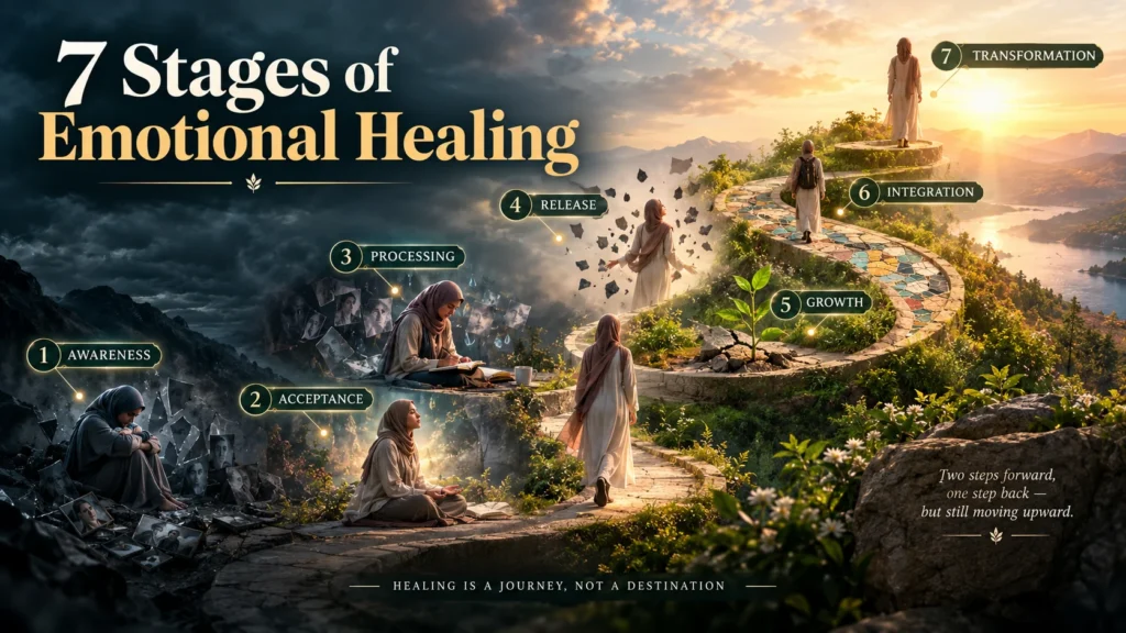 hijabi woman climbing mountain path illustrating seven stages of emotional healing journey
