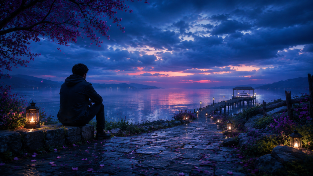 man sitting alone by the lake under a starry night sky near mountains
