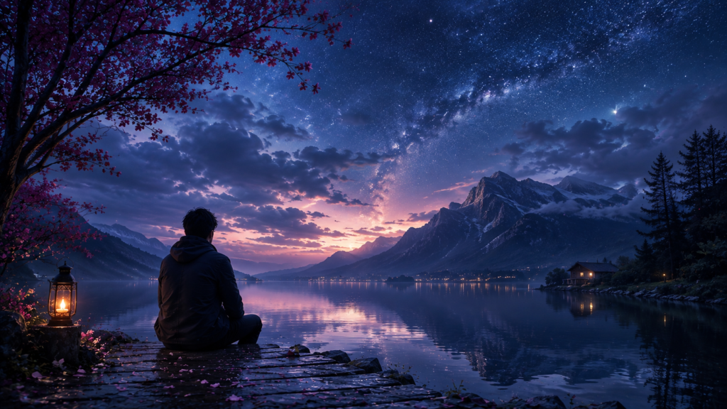 man sitting alone by the lake under a starry night sky near mountains