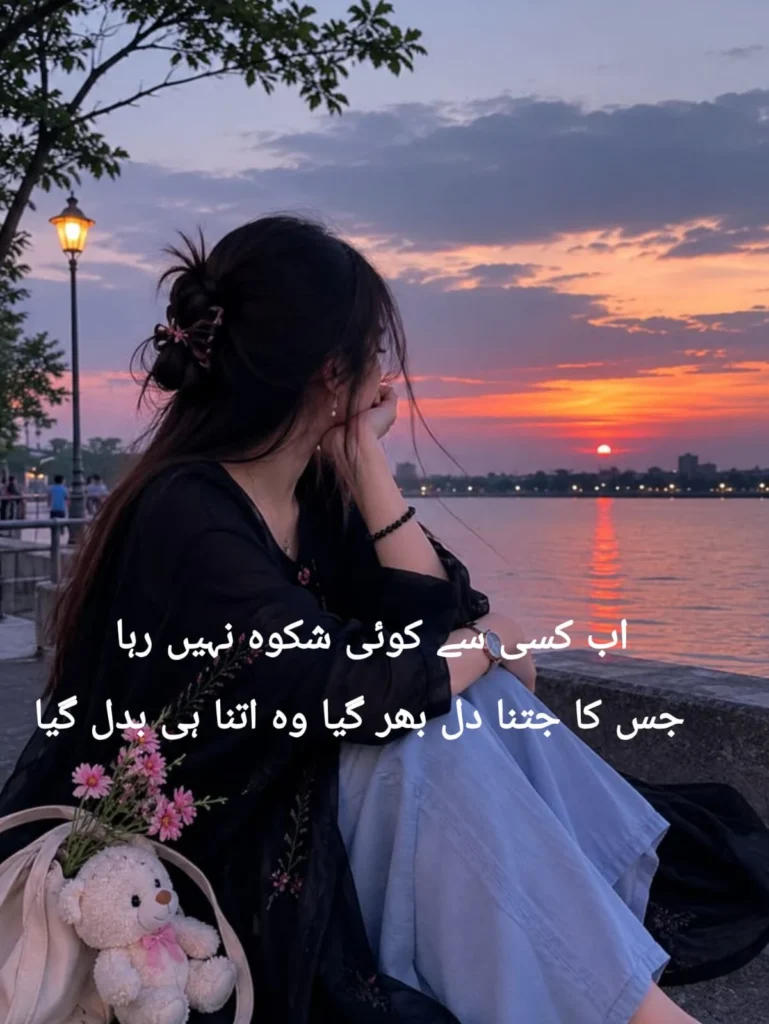 urdu heartbreak poetry ab kisi se koi shikwa nahi girl watching sunset by the lake