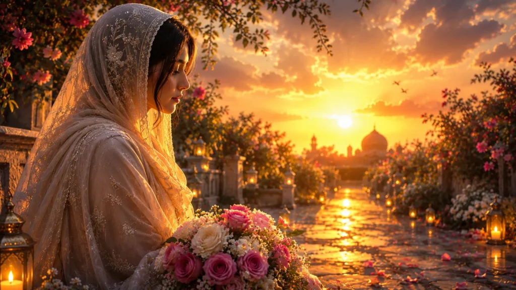 woman in lace veil holding pink rose bouquet at sunset showing aurat ki wafa