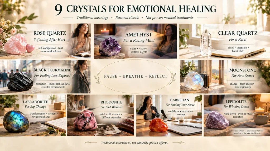 grid guide showing nine crystals for emotional healing with names and their traditional meanings
