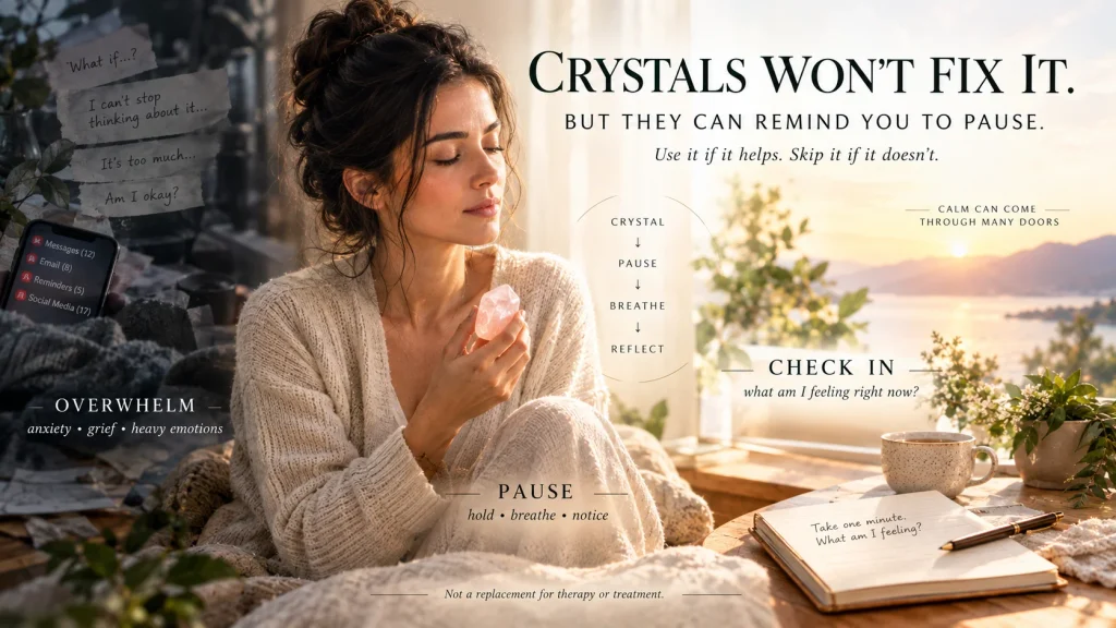 woman holding rose quartz crystal for emotional healing, pausing to breathe and reflect calmly