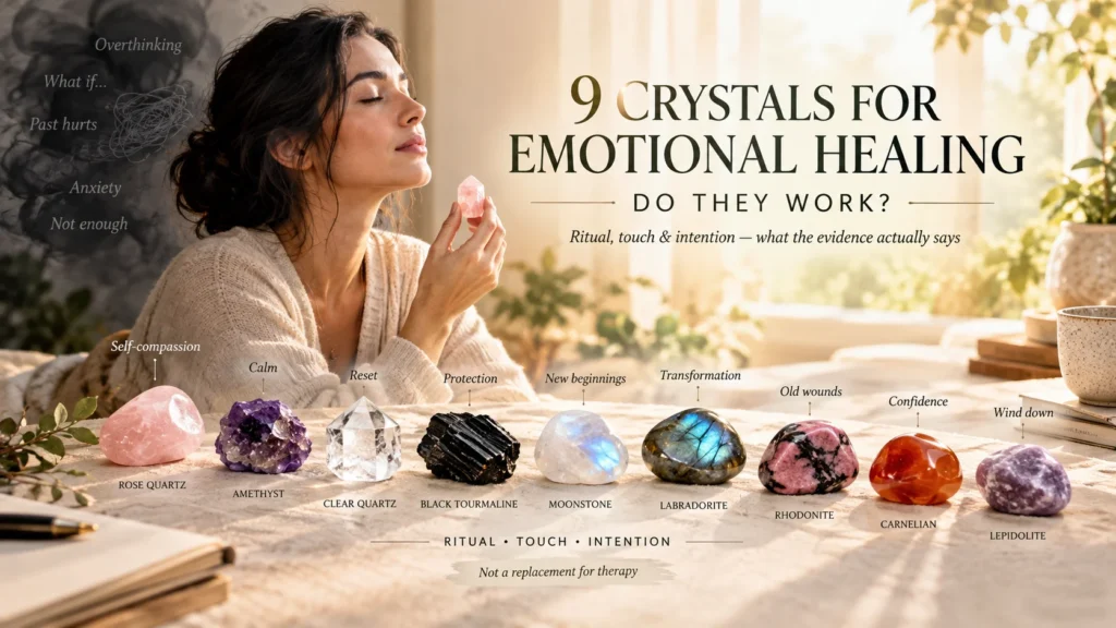 woman smelling rose quartz beside nine labeled crystals for emotional healing on wooden table