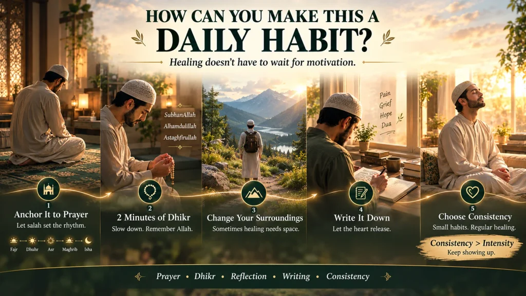 muslim man builds a daily healing habit through prayer, dhikr, nature walks, and journaling