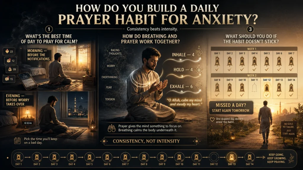 man kneeling in daily prayer while building a 14 day prayer habit for anxiety relief