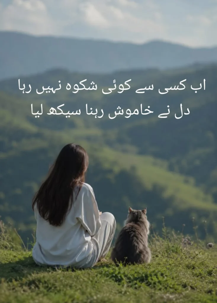 urdu poetry dil ne khamoshi seekh li girl sitting quietly with a cat on hilltop