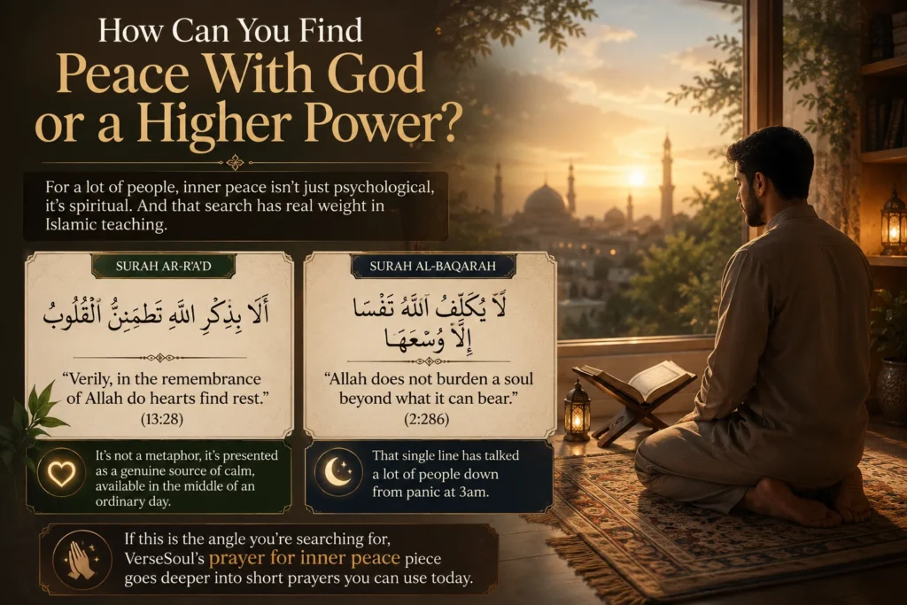 how to find inner peace with god through prayer beside a golden sunset mosque skyline