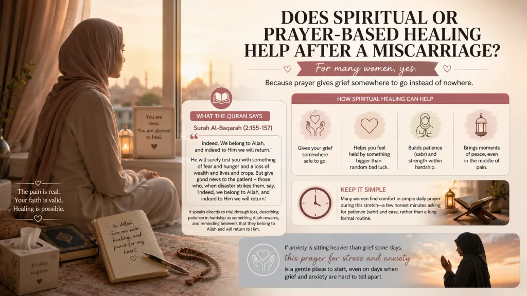 Woman in hijab praying, seeking how to heal emotionally from a miscarriage through faith