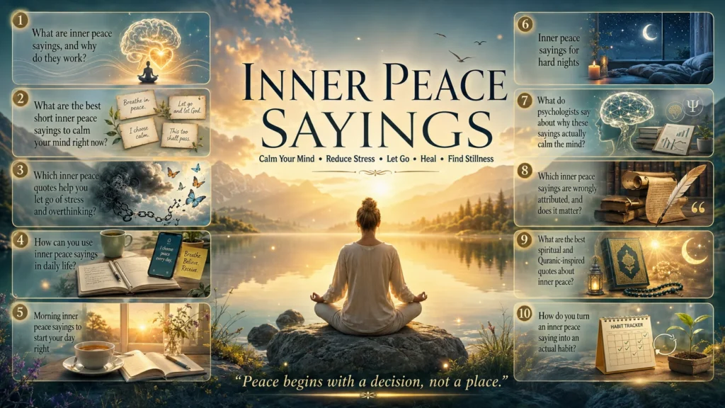 inner peace quotes infographic for stress and overthinking with calming lake meditation scene